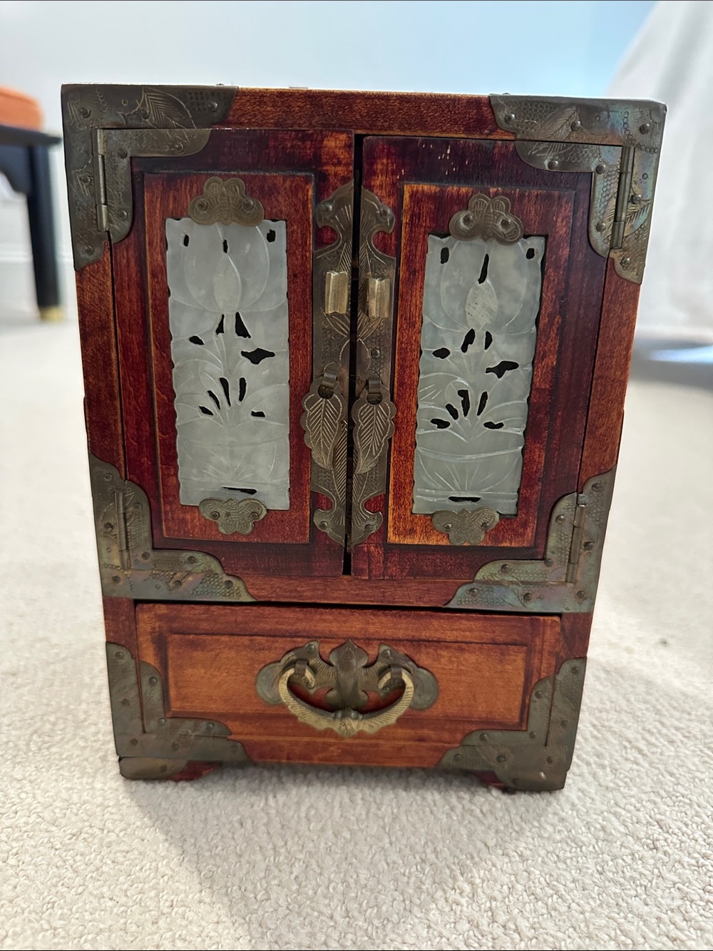 Carved Chinese Jewelry Box with Brass Accents and Jade Panels